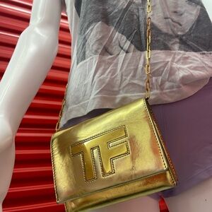Tom Ford Metallic Gold TF Logo Chain Crossbody Bag